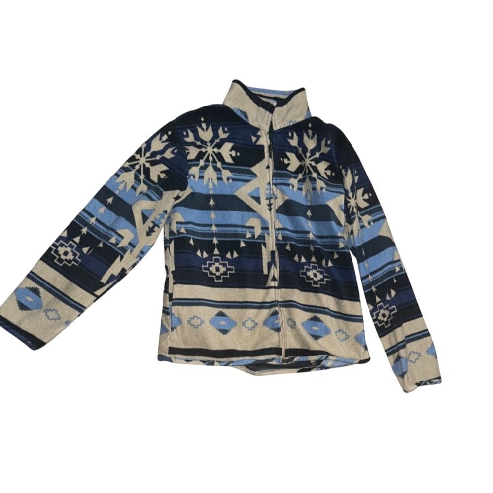 Jane Ashley Fleece Jacket L Blue & Beige Geometric Western Style Womens